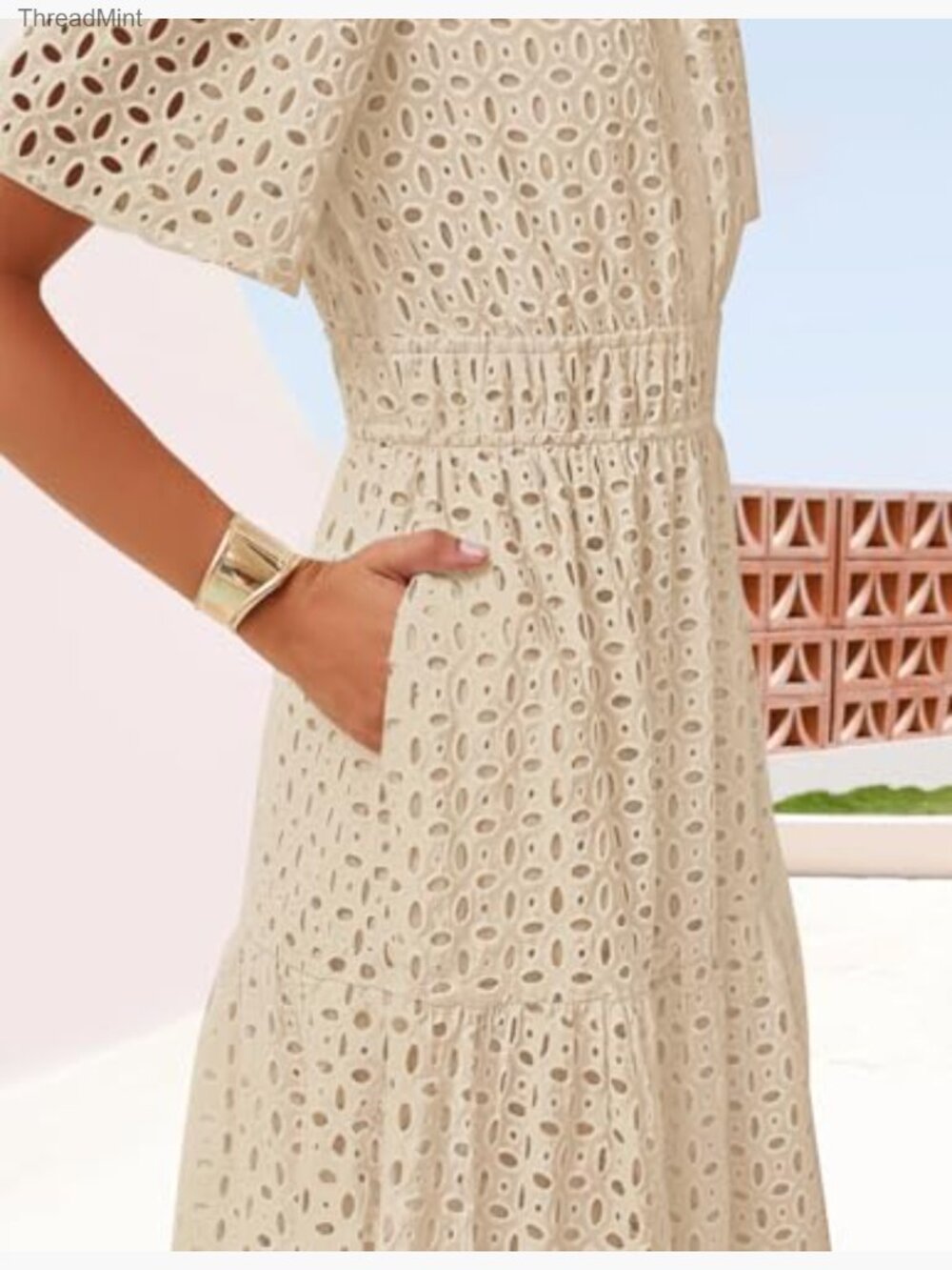 Summer Maxi Dress V Neck Short Sleeve Eyelet Ruffle A Line Casual - Picture 5 of 7